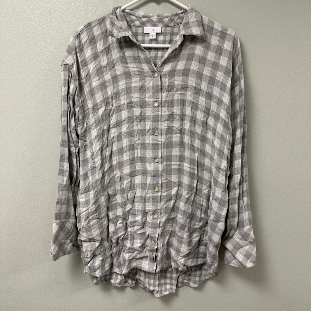 J. Jill Grey White Gingham‎ Plaid Button Down Shirt Long Sleeve Rayon Womens S